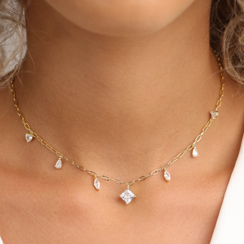 שרשרת כסף צ'וקר תליוני טיפות משולב עם תליון ריבוע