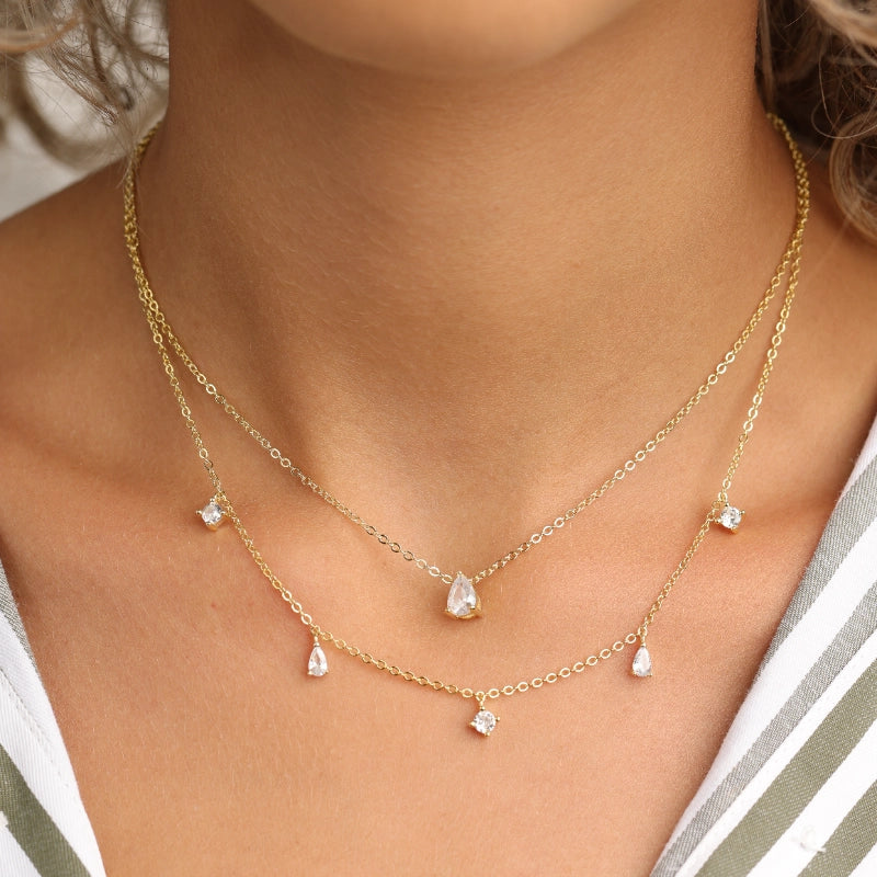 שרשרת כסף 2 שורות , שורה אחת עם תליוני טיפות קטנים שורה שניה עם תליון טיפה