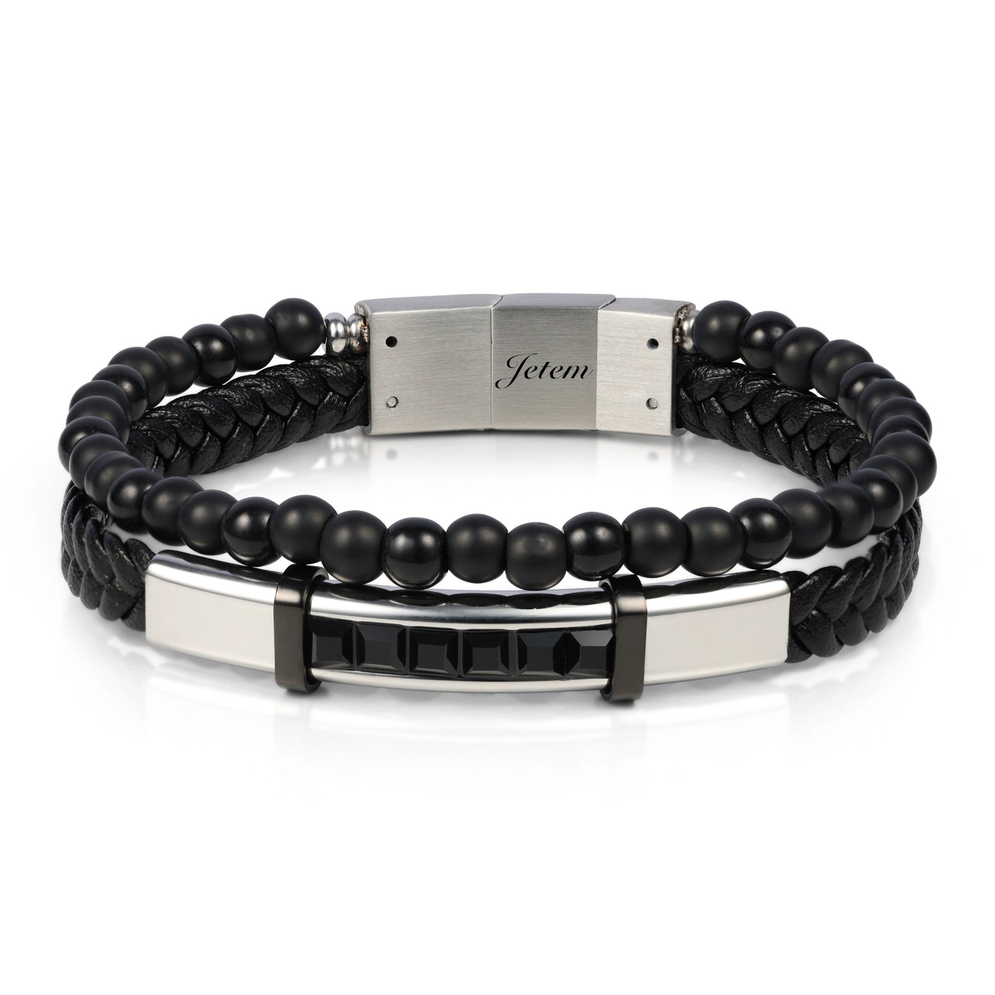 צמיד JETEM לגבר שילוב עור וחרוזים בשחור בעיצוב מודרני