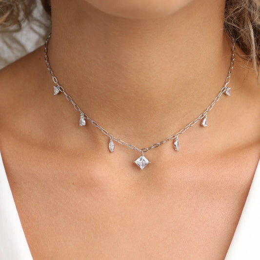 שרשרת כסף  צ'וקר תליוני טיפות משולב עם תליון ריבוע