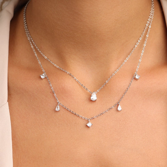 שרשרת כסף  2 שורות , שורה אחת עם תליוני טיפות קטנים שורה שניה עם תליון טיפה