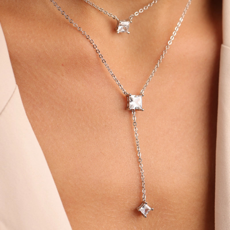 שרשרת כסף עניבה שתי שורות תליון סוליטר ריבוע