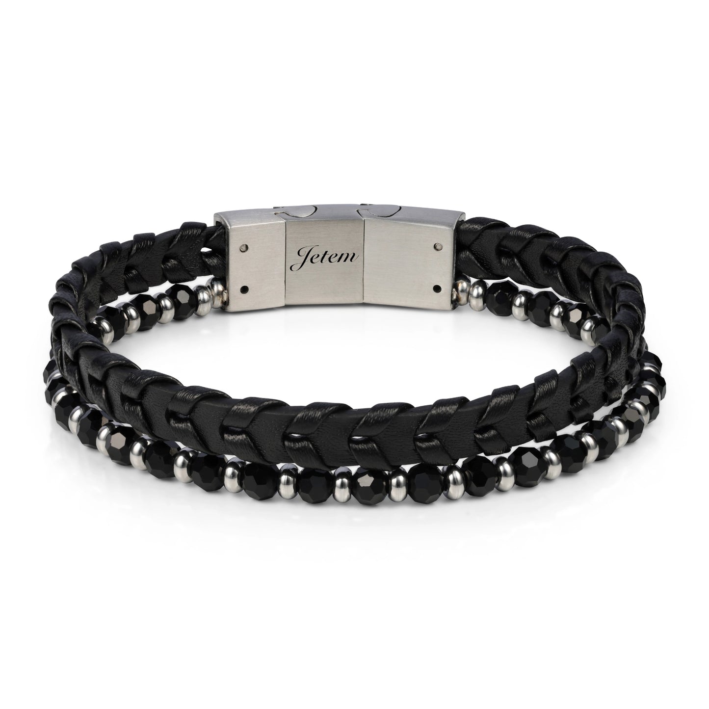 צמיד לגבר JETEM מעור צמה משולב חרוזי אמטייט וסטיל